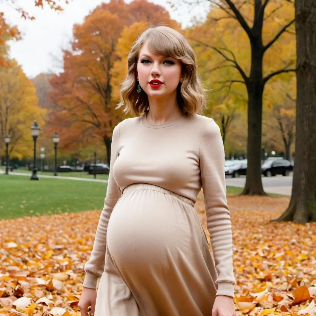 Prompt: Taylor swift in a park with trees and fall leaves she has a baby bump, she is in fall clothes.