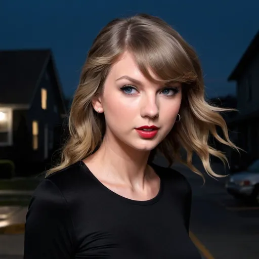 Prompt: Taylor swift, It is dark, there re streetlights on, she is on a street with some houses with no lights on, she is floating down the street, Her eyes are facing the same way. she is looking forward. She is in black tight skinny pants, she has a black shirt, her hair is out

