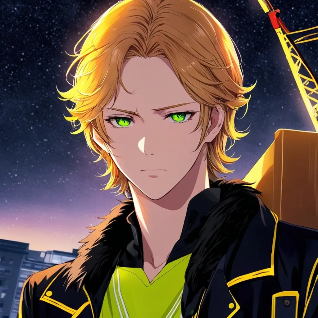 Prompt: {{{masterpiece}}}, {1man}, {{solo}}, male, adult man, Russian, EST, 18 years old, Oshi no Ko style, angry, white construction hat, neon yellow safety jacket, brown hair, shoulder length wavy hair, forehead exposed, highres, green eyes, pale skin, looking at viewer, beautiful detailed background, upper body, shoulder wing, black and yellow theme, {{gold trim}}, outdoor, comstruction site, night background, studio light