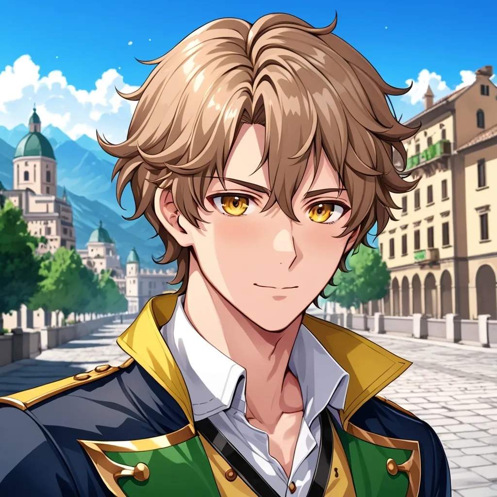 Prompt: {{{masterpiece}}}, {1man}, {{solo}}, male, adult man, Italian, ESTP, 18 years old, amco, wavy bangs, closed mouth, mischievous expression, yellow coat, final fantasy, light brown hair, very short hair, wavy hair, highres, hazel eyes, lightly tanned skin, looking at viewer, beautiful detailed background, upper body, shoulder wing, black and blue theme, {{gold trim}}, outdoor, summer background, day background, natural light, European city with mountains background