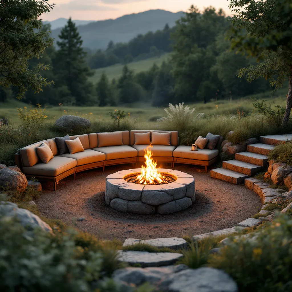 Prompt: generate me a fire conversation pit in an open space - in the middle of a meadow, make the fire burn and the pit dented into earth. make the couches surround the fire and stairs leading down into the pit.

