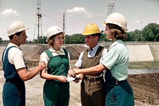 Prompt: "The New Deal Era: Rebuilding America during the Great Depression"

Background: A hopeful, transformative scene depicting the effects of the New Deal programs in the 1930s. The image should show public works projects like the construction of roads, bridges, and schools, symbolizing the revitalization of America. In the background, a newly constructed dam or infrastructure project under the Works Progress Administration (WPA) should be visible.
Characters: Workers wearing 1930s-era clothing, including men and women in hard hats and overalls, actively working on construction sites. Some are building, while others are planting trees as part of the Civilian Conservation Corps (CCC). A few people should be depicted in government offices, signing documents or assisting citizens with Social Security benefits, symbolizing the broad social reforms.
Additional Elements: Posters or signs promoting New Deal programs, such as “WPA,” “CCC,” or “Social Security.” A sense of optimism should be conveyed, with bright skies and a strong work ethic reflected in the workers’ expressions.
Color Scheme: Warm, earthy tones to symbolize renewal and recovery, with light blues and greens for an uplifting, hopeful feeling. The image should have a vintage, 1930s aesthetic, with a slight grainy texture to evoke the historical period.