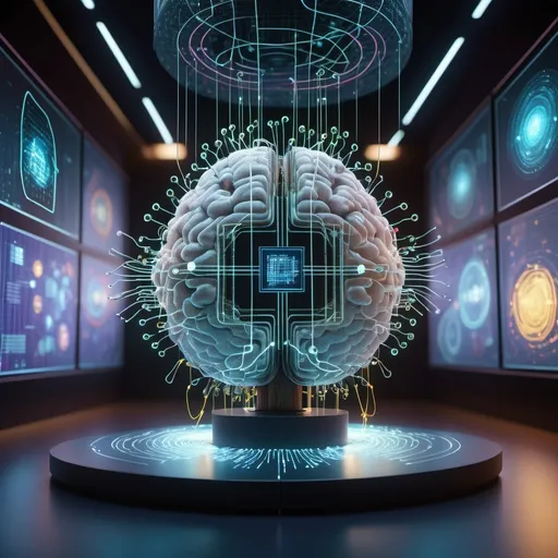 Prompt: Create an immersive and futuristic scene showcasing the intersection of quantum computing and artificial intelligence. In the foreground, visualize an advanced quantum computer with glowing qubits, surrounded by digital data streams and holographic AI neural networks. The qubits should be interconnected by streams of light, symbolizing quantum entanglement and superposition. In the background, display an AI brain made of intricate, glowing circuits and neural pathways, pulsating with energy as it processes complex data. The scene should have a dark, high-tech lab setting with holographic interfaces and futuristic machinery. Use a color palette of deep blues, purples, and electric neon colors to emphasize the cutting-edge technology and the blending of quantum and AI systems.