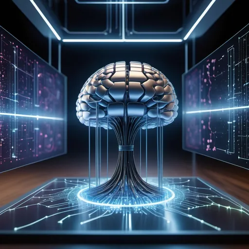 Prompt: Create an immersive and futuristic scene showcasing the intersection of quantum computing and artificial intelligence. In the foreground, visualize an advanced quantum computer with glowing qubits, surrounded by digital data streams and holographic AI neural networks. The qubits should be interconnected by streams of light, symbolizing quantum entanglement and superposition. In the background, display an AI brain made of intricate, glowing circuits and neural pathways, pulsating with energy as it processes complex data. The scene should have a dark, high-tech lab setting with holographic interfaces and futuristic machinery. Use a color palette of deep blues, purples, and electric neon colors to emphasize the cutting-edge technology and the blending of quantum and AI systems.