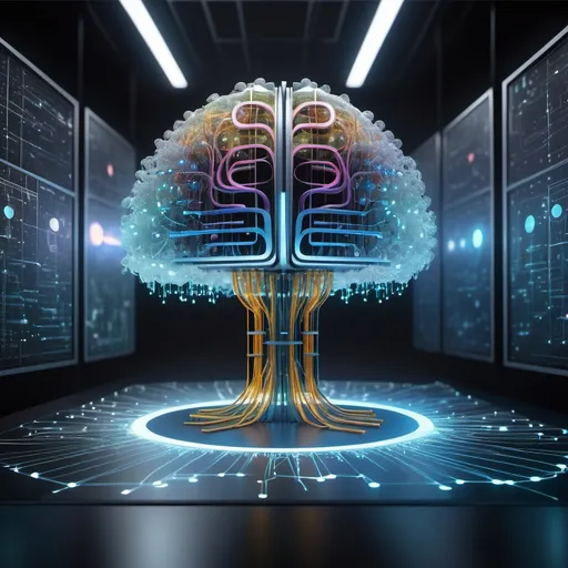 Prompt: Create an immersive and futuristic scene showcasing the intersection of quantum computing and artificial intelligence. In the foreground, visualize an advanced quantum computer with glowing qubits, surrounded by digital data streams and holographic AI neural networks. The qubits should be interconnected by streams of light, symbolizing quantum entanglement and superposition. In the background, display an AI brain made of intricate, glowing circuits and neural pathways, pulsating with energy as it processes complex data. The scene should have a dark, high-tech lab setting with holographic interfaces and futuristic machinery. Use a color palette of deep blues, purples, and electric neon colors to emphasize the cutting-edge technology and the blending of quantum and AI systems.