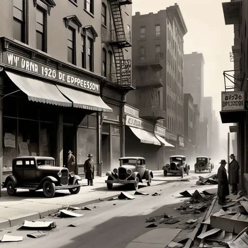 Prompt: "The Desolate Atmosphere of the 1929 Great Depression"

Background: A depiction of 1930s America during the Great Depression, focusing on the streets of New York. The scene should emphasize an empty, desolate urban landscape. Vacant storefronts, crumbling buildings, and dusty, deserted streets. Old cars and crumpled newspapers blow through the air.
Characters: Primarily unemployed individuals and the economically devastated middle class. People look defeated and hopeless, with some standing in long lines waiting for food or assistance. A mix of workers, especially African Americans and women, walking the streets with empty hands.
Additional Elements: Include symbolic references to the stock market crash. For example, the sign of a bankrupt bank, a stock chart showing the 'Black Thursday' crash pinned to a wall. "For Sale" and "Bankrupt" signs scattered around the streets.
Color Scheme: A somber and dark palette, predominantly grays and browns, with a gloomy sky and rain falling to enhance the bleak mood.