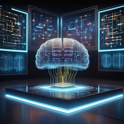 Prompt: Create an immersive and futuristic scene showcasing the intersection of quantum computing and artificial intelligence. In the foreground, visualize an advanced quantum computer with glowing qubits, surrounded by digital data streams and holographic AI neural networks. The qubits should be interconnected by streams of light, symbolizing quantum entanglement and superposition. In the background, display an AI brain made of intricate, glowing circuits and neural pathways, pulsating with energy as it processes complex data. The scene should have a dark, high-tech lab setting with holographic interfaces and futuristic machinery. Use a color palette of deep blues, purples, and electric neon colors to emphasize the cutting-edge technology and the blending of quantum and AI systems.