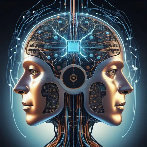 Prompt: Create a dramatic, high-tech image illustrating the competition between artificial intelligence and quantum computing. On the left side, depict a powerful AI system as a glowing, intricate neural network or brain composed of interconnected circuits and data streams. It should exude intelligence, with data flowing rapidly through its pathways, symbolizing its fast processing power. On the right side, visualize a sleek, futuristic quantum computer with glowing qubits in superposition, connected by beams of light. The quantum computer should appear mysterious and otherworldly, with complex patterns representing quantum entanglement. Place both technologies in a futuristic, neon-lit arena, facing each other in a tense standoff, with sparks of energy and data flowing between them. Use contrasting colors like deep blues and purples for AI, and electric greens and golds for quantum computing, highlighting their rivalry and advanced nature.