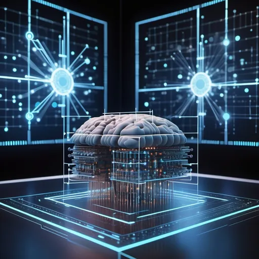 Prompt: Create an immersive and futuristic scene showcasing the intersection of quantum computing and artificial intelligence. In the foreground, visualize an advanced quantum computer with glowing qubits, surrounded by digital data streams and holographic AI neural networks. The qubits should be interconnected by streams of light, symbolizing quantum entanglement and superposition. In the background, display an AI brain made of intricate, glowing circuits and neural pathways, pulsating with energy as it processes complex data. The scene should have a dark, high-tech lab setting with holographic interfaces and futuristic machinery. Use a color palette of deep blues, purples, and electric neon colors to emphasize the cutting-edge technology and the blending of quantum and AI systems.