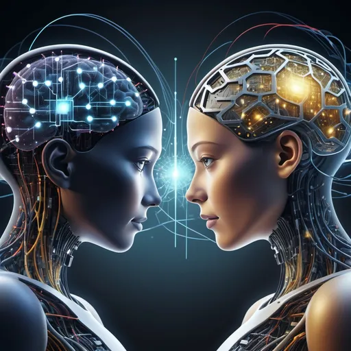 Prompt: Create a dramatic, high-tech image illustrating the competition between artificial intelligence and quantum computing. On the left side, depict a powerful AI system as a glowing, intricate neural network or brain composed of interconnected circuits and data streams. It should exude intelligence, with data flowing rapidly through its pathways, symbolizing its fast processing power. On the right side, visualize a sleek, futuristic quantum computer with glowing qubits in superposition, connected by beams of light. The quantum computer should appear mysterious and otherworldly, with complex patterns representing quantum entanglement. Place both technologies in a futuristic, neon-lit arena, facing each other in a tense standoff, with sparks of energy and data flowing between them. Use contrasting colors like deep blues and purples for AI, and electric greens and golds for quantum computing, highlighting their rivalry and advanced nature.