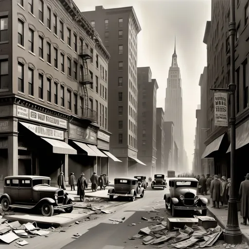 Prompt: "The Desolate Atmosphere of the 1929 Great Depression"

Background: A depiction of 1930s America during the Great Depression, focusing on the streets of New York. The scene should emphasize an empty, desolate urban landscape. Vacant storefronts, crumbling buildings, and dusty, deserted streets. Old cars and crumpled newspapers blow through the air.
Characters: Primarily unemployed individuals and the economically devastated middle class. People look defeated and hopeless, with some standing in long lines waiting for food or assistance. A mix of workers, especially African Americans and women, walking the streets with empty hands.
Additional Elements: Include symbolic references to the stock market crash. For example, the sign of a bankrupt bank, a stock chart showing the 'Black Thursday' crash pinned to a wall. "For Sale" and "Bankrupt" signs scattered around the streets.
Color Scheme: A somber and dark palette, predominantly grays and browns, with a gloomy sky and rain falling to enhance the bleak mood.