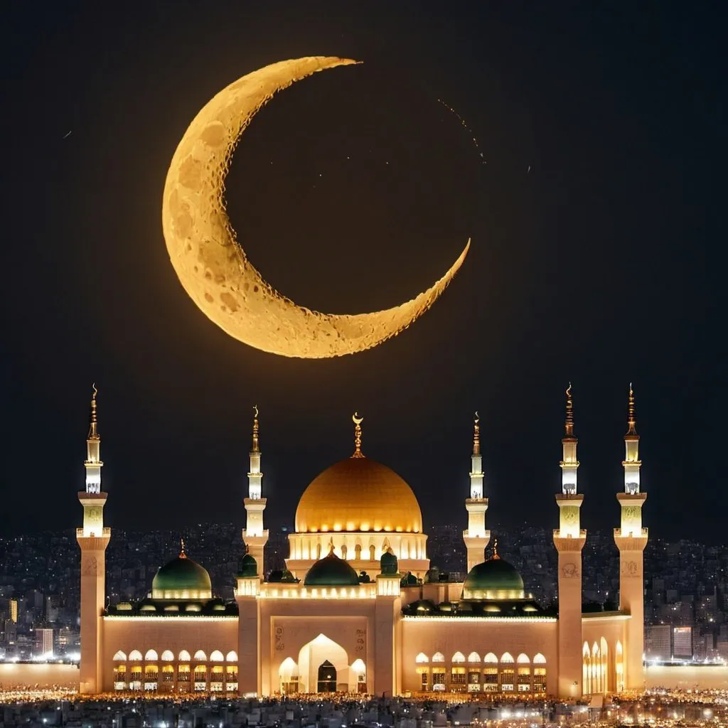 Prompt: A golden crescent moon in the night sky overlooking the grand mosque in makkah 