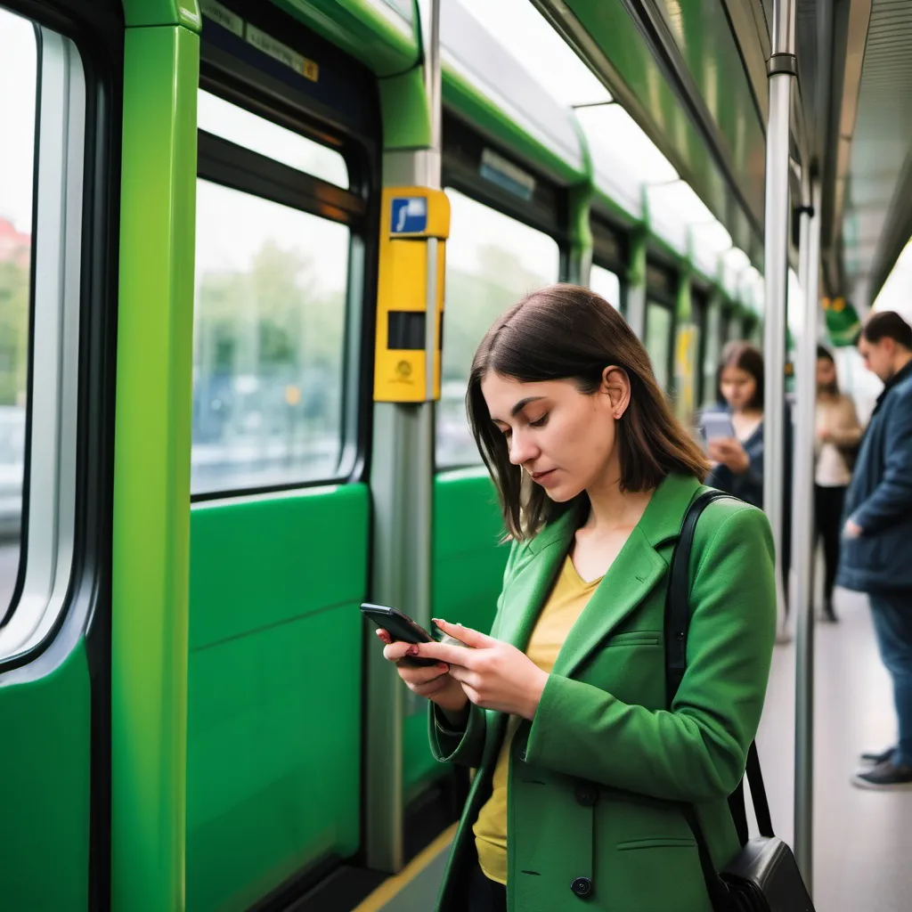 Prompt: woman reading a mobile phone and green public transport from the right