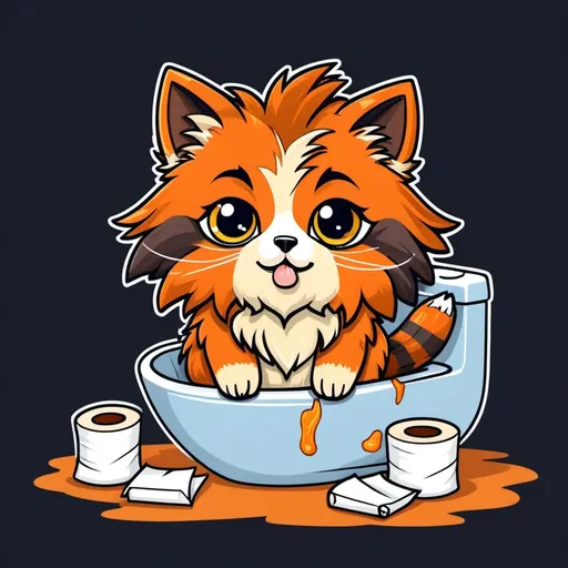 Prompt: Chibi kawaii cute cartoon illustration, orange outlines, a calico mane coon, saturated colors, surrounded by ripped up toilet paper