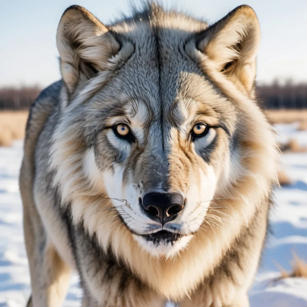 Prompt: A full face, half Siberian wolf, half lion. With two landscapes divided: Siberian on winter and the African savanna on the other side...