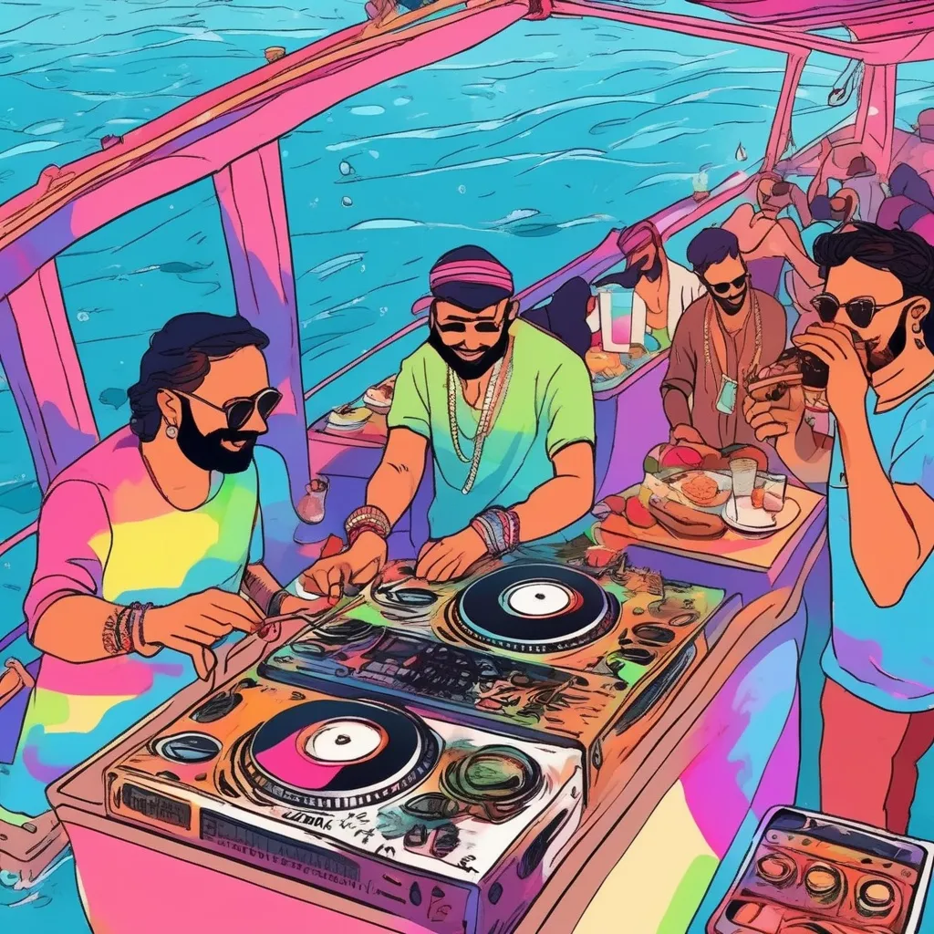 Prompt: A DJ on a boat playing music in water with his friends and food in the back, the boat is in the Arabian sea with party vibes going on. The party has a psychedelic vibe.