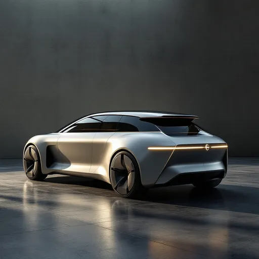 Prompt: Create a pan-futuristic Opel hatchback with a cell electric engine. Minimalist, very luxurious, and with an iconic design inspired by Opel from the 1970s.