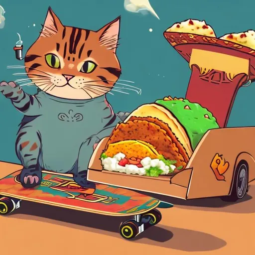 Prompt: A cat with a taco on it's head listening to music and standing on a skateboard with a box of red marlboros