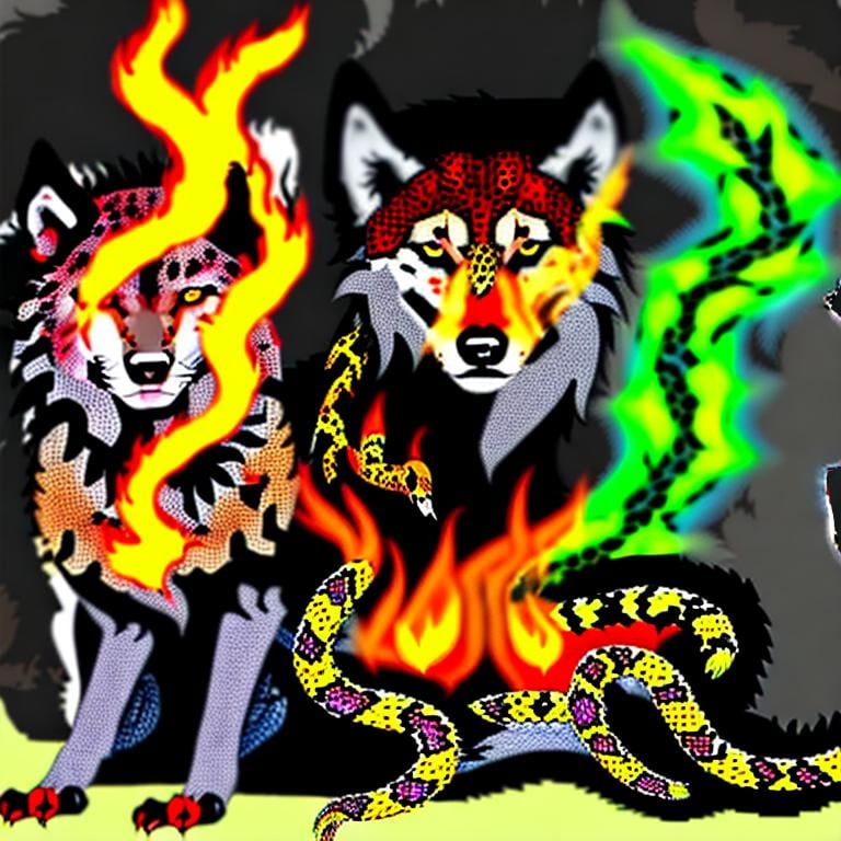 Prompt: wolf hybrid snake and fire and cheetah phoenix dog cat axolotol
