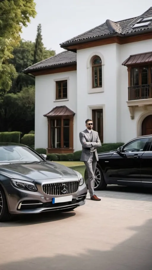 Prompt: Rich man standing to a car and house