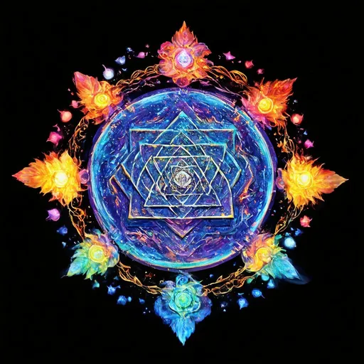 Prompt: i want the sri yantra depiction with ethreal vibe, energy, vibrant colours on black background, inspiring awe, mindblowing and emitting a lot of radiance