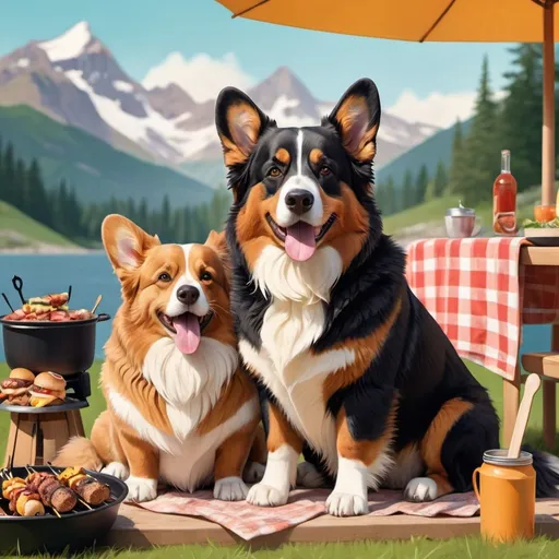Prompt: Cute and heartwarming digital illustration of a brown Corgi and very big Bernese Mountain Dog, cozy summer vibe, vibrant color palette, detailed fur texture, playful expressions, big BBQ skewers in the foreground, outdoor setting, high-quality rendering, detailed fur, playful, cozy, vibrant colors, outdoor setting, heartwarming, summer vibe, detailed fur texture, high-quality, digital illustration