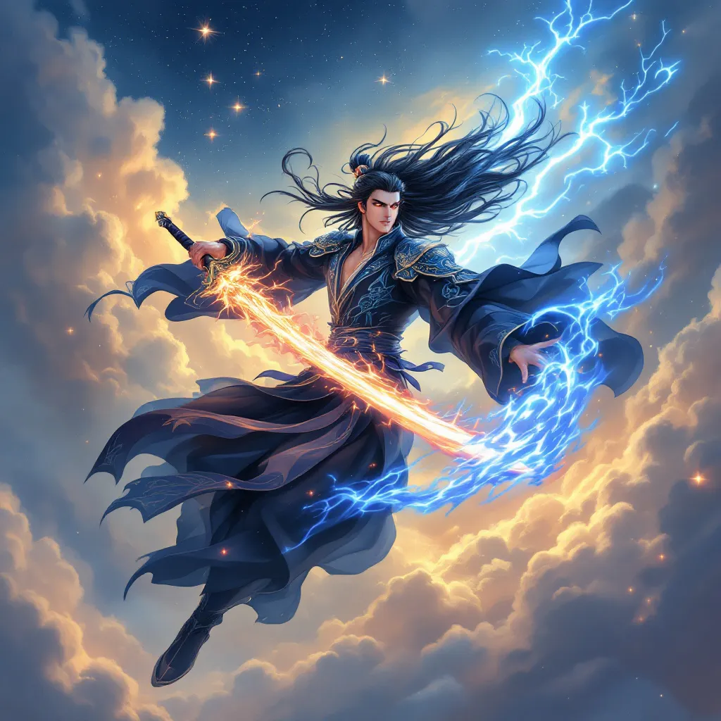 Prompt: "A heroic male xianxia warrior floating in the sky, long black hair flowing dramatically, wearing elegant ancient black and blue robes with glowing flame patterns. He holds a flaming sword surrounded by a blue dragon-shaped aura. His eyes glow with spiritual power as golden clouds swirl beneath him and the starry sky cracks with lightning above. Inspired by Chinese fantasy animation like Battle Through the Heavens (Doupo Cangqiong), with epic lighting, soft painterly textures, and a dynamic animated style."