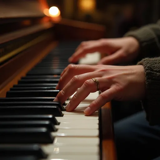 Prompt: Hands on piano keys before the music starts