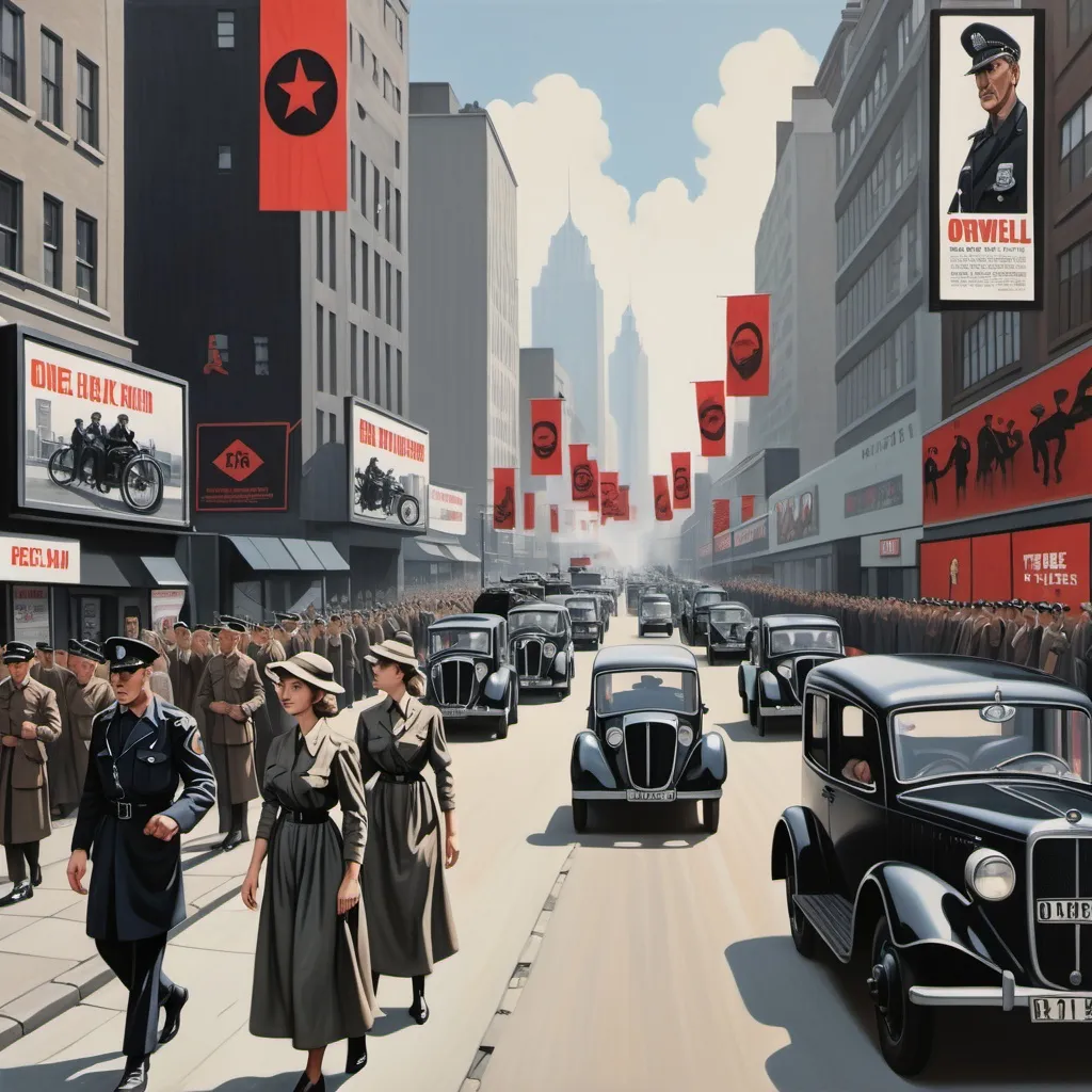 Prompt: A detailed and socialist realist style view of a clean, orderly city street with clean streets, black flags, and black vehicles on the street, with propaganda posters and billboards showing a skinny police officers face peering down, in the style of Big Brother in Orwell 1984, women in long dresses and bonnets walking, men and soldiers on the street and walking, cityscape, clean city, town, orderly, utopia, crowded, women, men, soldiers, Big Brother, propaganda, idyllic, Soviet, Soviet Union 