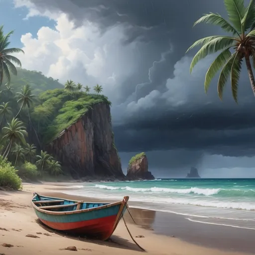 Prompt: Create an close up 8k, hyper realistic, oil painting with visible brush strokes of a tropical beach scene during a rain shower. The setting includes a sandy shore with a single wooden boat, which has blue and red colors, resting on the beach. There are lush green palm trees to the left, and in the background, there are towering cliffs with dense vegetation. The ocean appears calm with small waves and scattered rocks protruding from the water. The sky is dynamic with dark rain clouds above but also areas where the blue sky is peeking through. Rain is visibly falling across the entire scene.