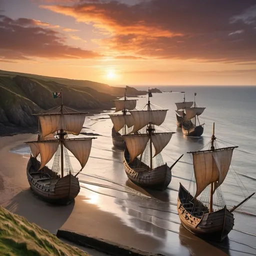 Prompt: thirteen medieval ships on the coast of Wales, at sunset