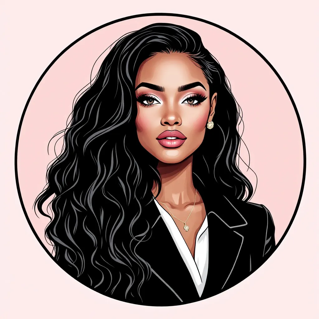Prompt: Create a stylized logo from the uploaded photo of a woman. The style should be minimalist and clean, resembling Japanese ink illustration with strong black lines and soft grayscale shading. Place the character inside a circular frame with a pink background and white outline. The African Native American woman grey eyes should have long, curly stylized hair and wear a business -style outfit in black and white. Her expression should be confident and elegant, with subtle pink lipstick. Emphasize facial features with clear contrast and symmetry, and keep the background minimal for a clean, modern logo look. In outer circle add WISECEO©️