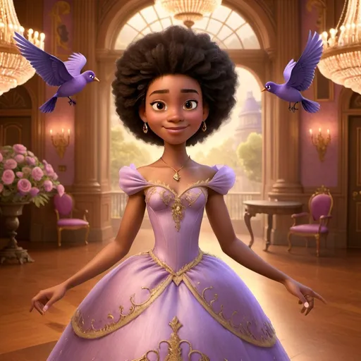Prompt: African American woman with a medium brown complexion, in her early 20s, in a grand ballroom with flying birds, wearing a purple and gold princess dress. Black Afro, Dark Brown Eyes, Victorian Era. Smiling.
