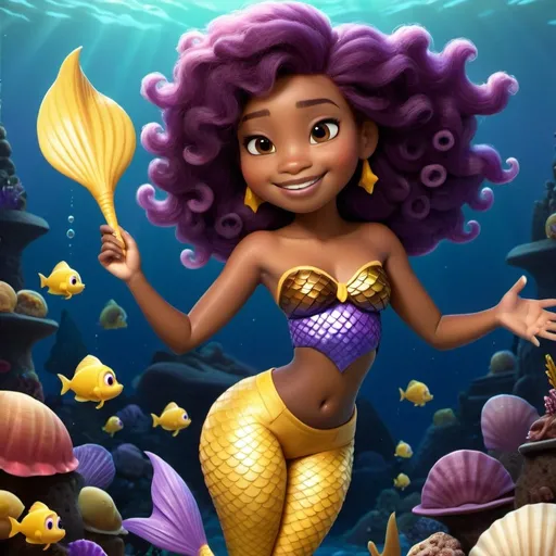 Prompt: African American female mermaid with a medium brown complexion, in her early 20s, in the ocean next to fish, wearing yellow and purple mermaid tail and seashell top. Black Afro, Dark Brown Eyes, Smiling.