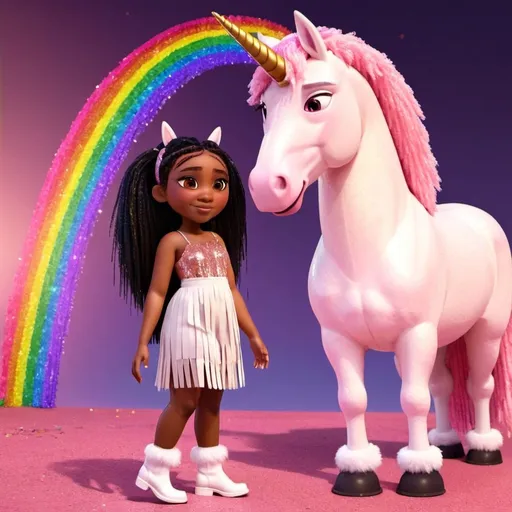 Prompt: black woman with a medium brown skin complexion in a sparkling pink sequin tassel dress (knee length dress), long dark brown braids,  white fur coat, white ankle boots, dark brown eyes, early 20s, fashionista, popstar, standing next to a unicorn with rainbow hair