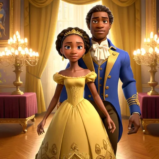 Prompt: African American princess and prince with a dark skin complexion, in a grand ballroom. They are wearing matching royal blue and gold outfits. The princess is wearing a dress, her hair is in braids, and her eyes are brown. The prince is wearing a suit and has short hair. They are in their early 20s during the Regency Era.