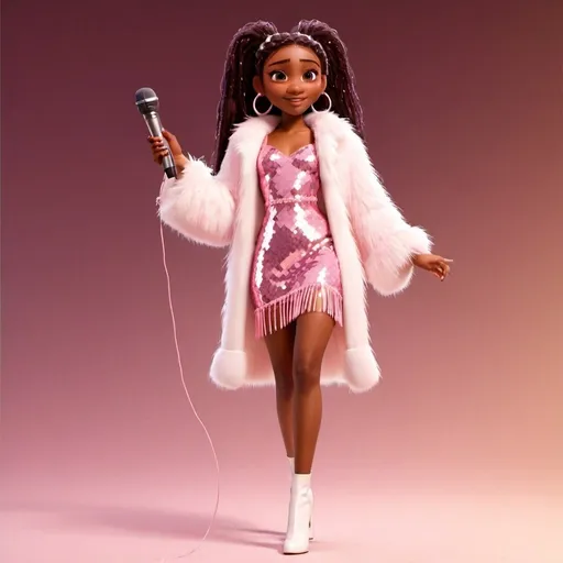 Prompt: black woman with a medium brown skin complexion in a sparkling pink sequin tassel dress (knee length dress), long dark brown braids,  white fur coat, white ankle boots, dark brown eyes, early 20s, fashionista, popstar, holding a microphone in her right hand