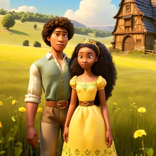 Prompt: Black American Woman with a medium brown skin complexion and man with a tanned complexion, in their early 20s, in the grasslands during the spring season. She is a princess wearing a yellow maiden dress during the Medieval era. Her hair is long brown dreadlocks and her eyes are brown. He is a prince in a grey outfit. His hair is a short brown afro and his eyes are brown.