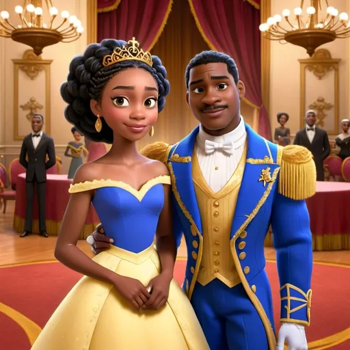 Prompt: African American prince and African American princess with a dark skin complexion, in a grand ballroom, wearing matching royal blue and gold outfits. Black Braided Hairstyle, Dark Brown Eyes, early 20s, Regency Era. Smiling.