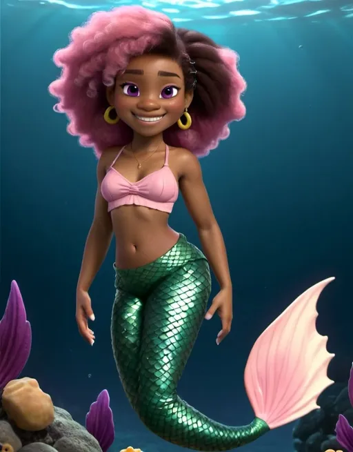 Prompt: African American female mermaid with a medium brown complexion, in her early 20s, in the ocean next to fish, wearing a pink and purple mermaid tail. Black Afro, Dark Brown Eyes, Smiling.
