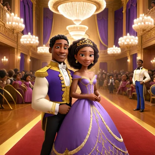 Prompt: African American prince and African American princess with a medium brown complexion, in a grand ballroom, wearing a purple dress with gold sparkles. Black Braided Hairstyle, Dark Brown Eyes, early 20s, Victorian Era. Smiling.
