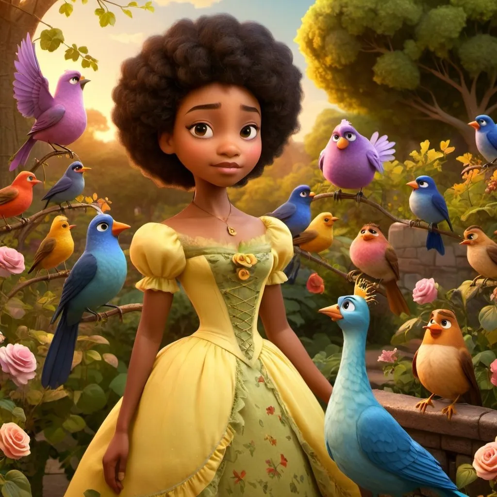 Prompt: African American fairytale princess and prince with a medium brown skin complexion and afro hair in a garden of colorful birds during the Victorian Era, in their early 20s