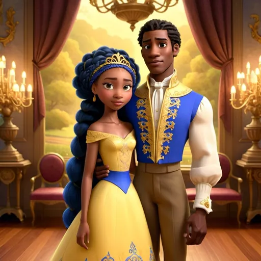 Prompt: African American princess and prince with a dark skin complexion, in a grand ballroom, wearing matching royal blue and gold outfits. Braided Hairstyle, Dark Brown Eyes, early 20s, Regency Era