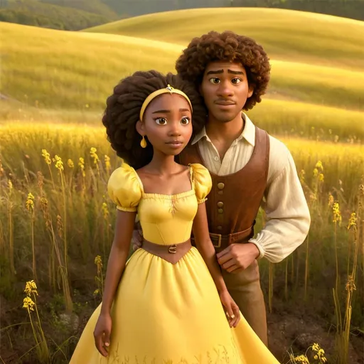 Prompt: Black American Woman with a medium brown skin complexion and man with a tanned complexion, in their early 20s, in the grasslands during the spring season. She is a princess wearing a yellow maiden dress during the Medieval era. Her hair is long brown dreadlocks and her eyes are brown. He is a prince in a grey outfit. His hair is a short brown afro and his eyes are brown.