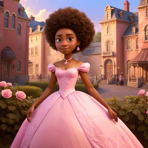 Prompt: Black American fairytale princess, medium brown skin complexion, age 26, brown afro hair, and wearing a pink dress at a Victorian Era grand ball
