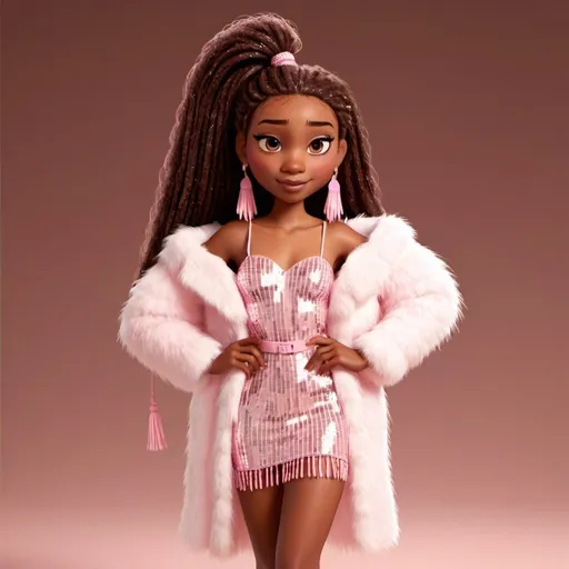 Prompt: black woman with a medium brown skin complexion in a sparkling pink sequin tassel dress, long dark brown braids,  white fur coat, white ankle boots, dark brown eyes, early 20s, fashionista, popstar