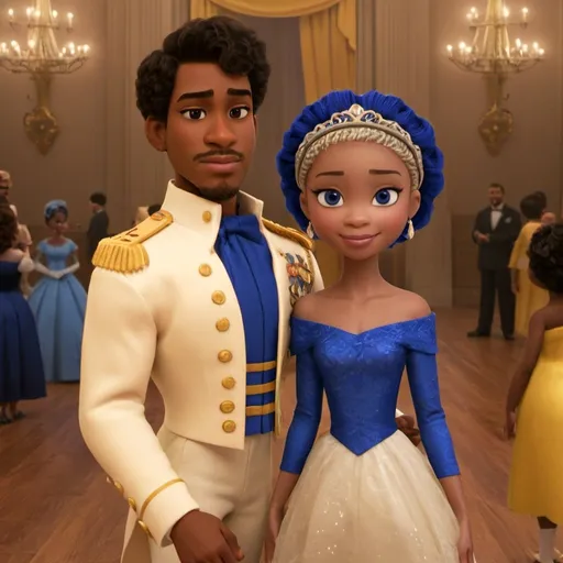 Prompt: African American princess and prince in a grand ballroom. They are wearing matching royal blue and gold outfits. The princess is wearing a dress, her hair is in braids, and her eyes are dark brown. The prince is wearing a suit, has short hair, and his eyes are brown. They are in their early 20s during the Regency Era. The princess and prince are smiling.