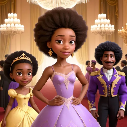 Prompt: African American prince and African American princess with a medium brown complexion, in a grand ballroom, wearing matching purple and gold outfits. Black Afro, Dark Brown Eyes, early 20s, Victorian Era. Smiling.