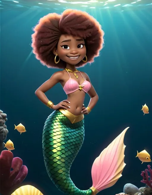 Prompt: African American female mermaid with a medium brown complexion, in her early 20s, in the ocean next to fish, wearing a pink and gold mermaid tail. Black Afro, Dark Brown Eyes, Smiling.