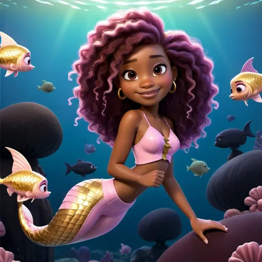 Prompt: African American female mermaid with a medium brown complexion, in her early 20s, in the ocean next to fish, wearing a pink and gold mermaid tail. Black Afro, Dark Brown Eyes, Smiling.
